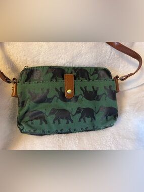 Green Elephant Print Canvas Crossbody Purse with Brown Leather Snap